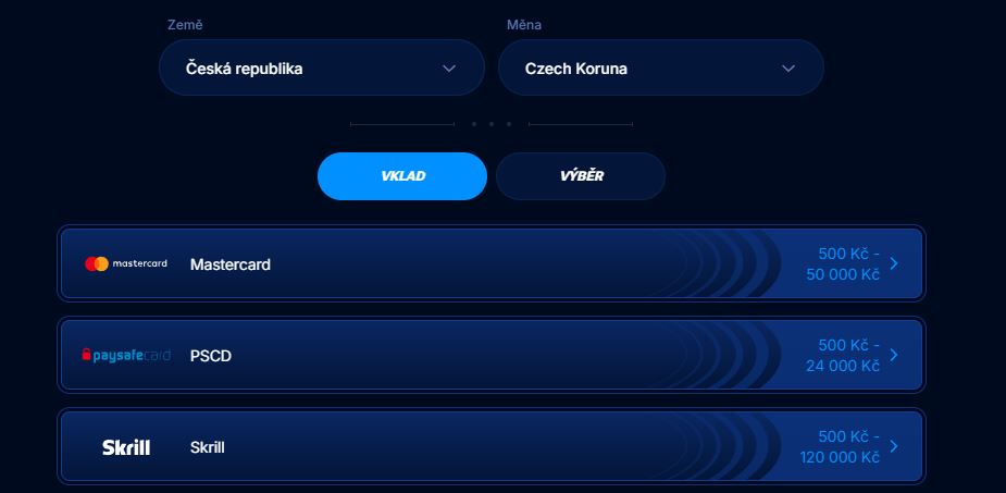 Vložte vklad v české koruně pomocí Mastercard, Paysafecard nebo Skrill rychle a bezpečně